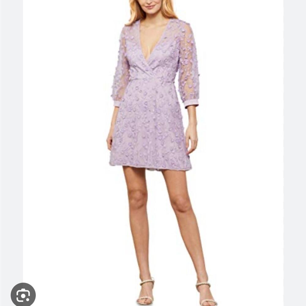 BCBGMAXAZRIA Women's Short Floral Embroidered Tulle Evening Dress Lavender sz 0